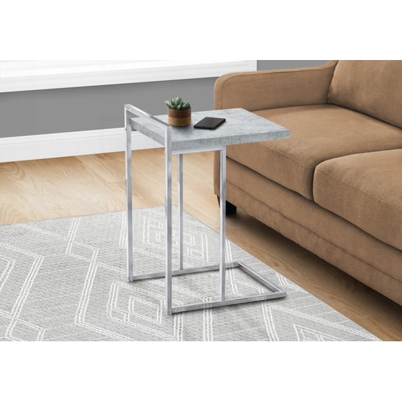 Chrome Metal & Grey Laminate C-shaped Accent Table for Living Room/Bedroom, Contemporary