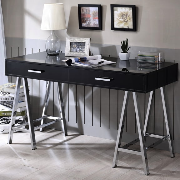 Chrome Metal & High Gloss Veneer - Two Drawers for Document Organization - Office Space - Create Organized Workspace