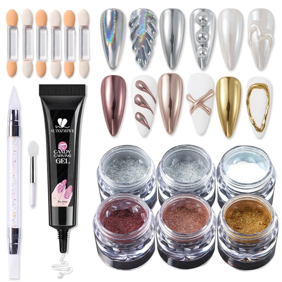 Chrome Nail Powder and 3D Nail Gel Kit, Metallic Mirror Glitter Effect Chrome Powder For Nail Art, Holographic Aurora Iridescent Dip Dust Pigment and 10g Sculpting Gel Set for Nail Decor DIY