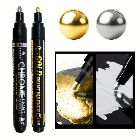 Chrome Paint Pens Golden and silver set, Dual-Tip Glossy Mirror Markers, Oil-Based Permanent Chrome Pens