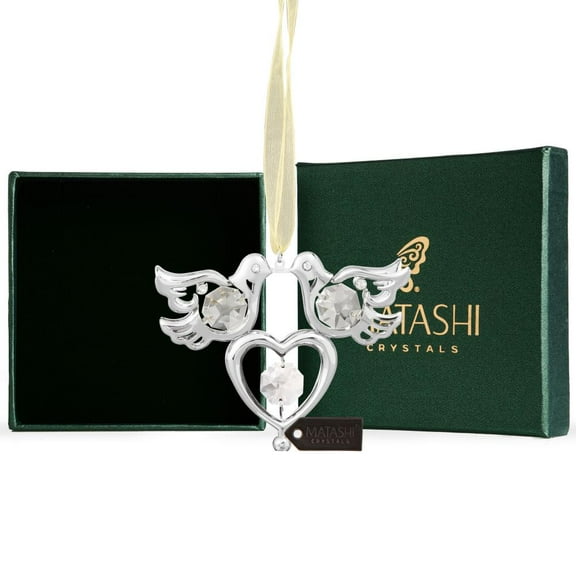 Chrome Plated Crystal Studded Silver Love Doves Birds Hanging Ornament with Heart by Matashi, Romantic Gift, Love Symbol