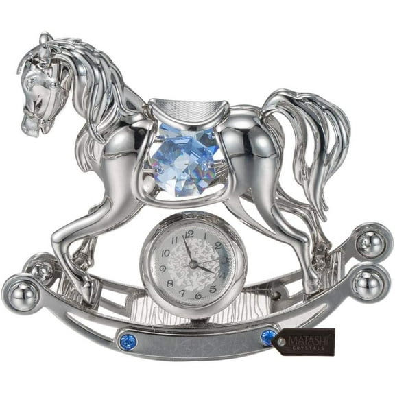 Chrome Plated Crystal Studded Silver Rocking Horse Desk Clock Ornament by Matashi
