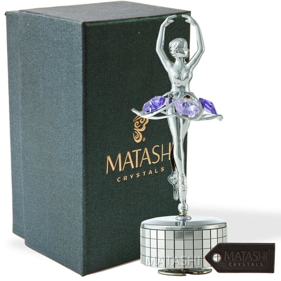 Chrome Plated Silver Ballet Dancer Wind-Up Music Box Memory Table Top Ornament w/ Purple Crystals