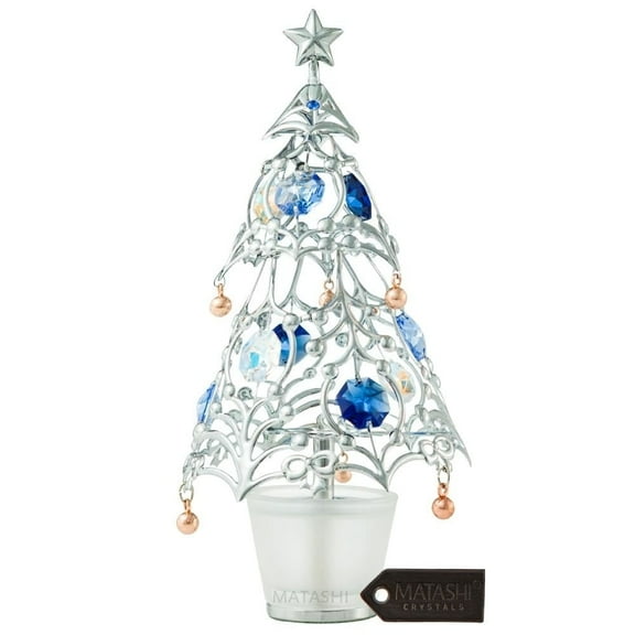Matashi Chrome Plated Silver Christmas Tree Tabletop Ornament w/ Blue & Clear Crystals Home Dcor
