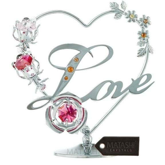 Valentine’s Day Gift for Women – Matashi Silver Plated Crystal Studded Double Heart with Banner Ornament, Red Crystals Tabletop Showpiece