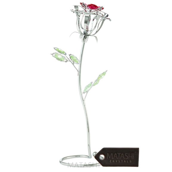 Matashi Chrome Plated Silver Rose Tabletop Ornament with Red and Green Crystals Elegant Decorative Floral Sculpture – Single Piece