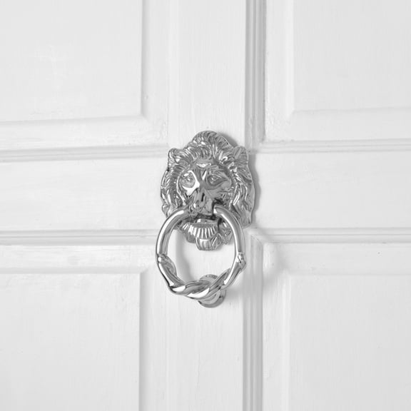 Chrome Plated Solid Cast Brass Lion Front Door Knocker 6.25" H Decorative Antique Shiny Lion Ring Style Entry Door Vintage Metal Knockers w/Hardware Renovators Supply