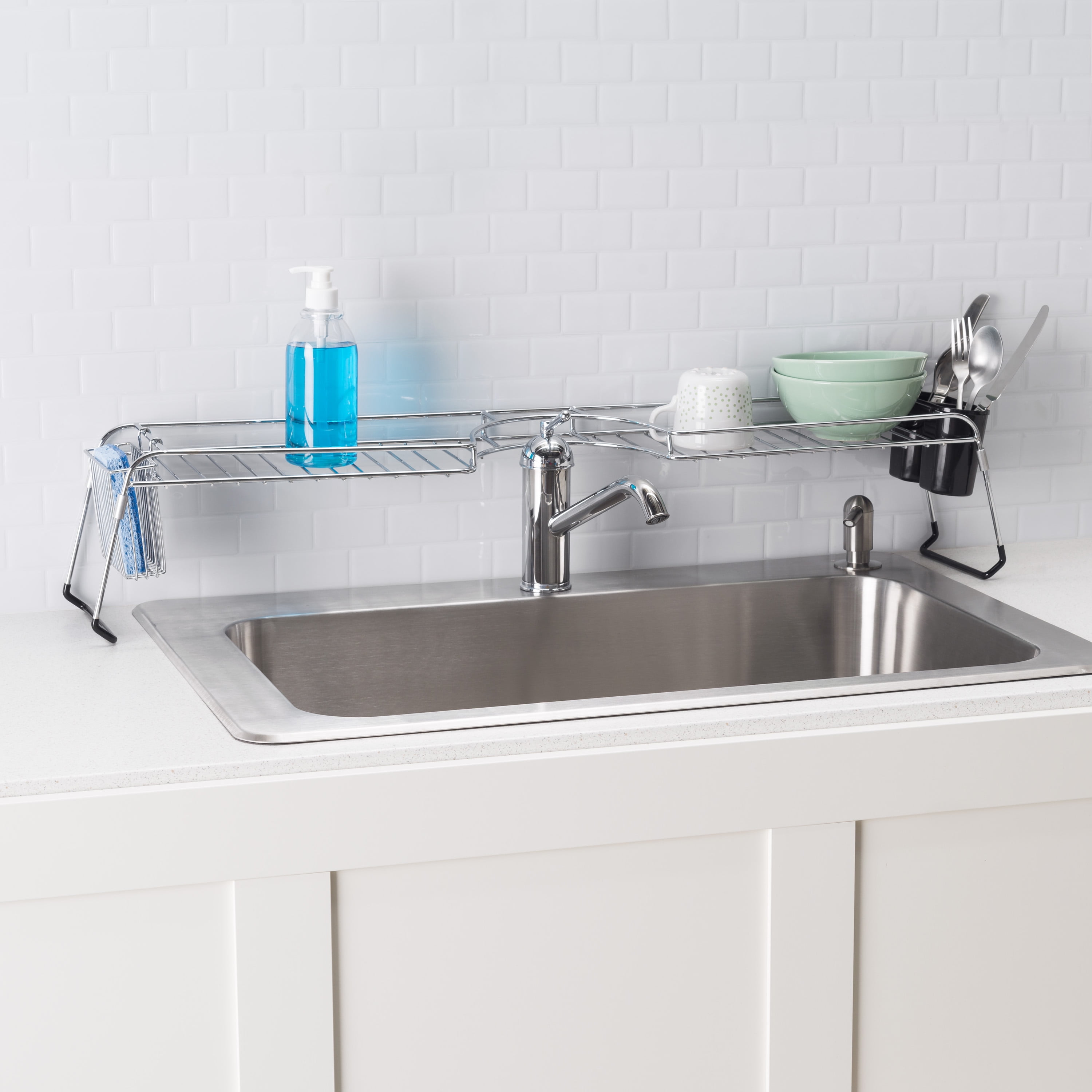 Chrome Plated Steel Faucet Spacer Over the Sink Shelf with Cutlery Holder