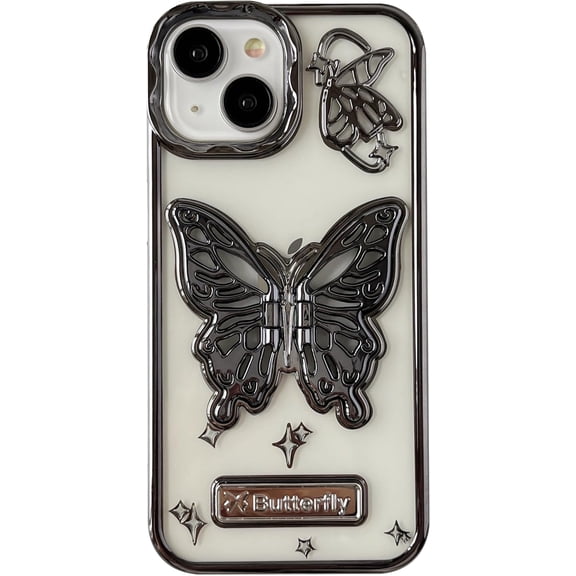 Chrome Plating Electroplated 3D Butterfly Compatible with iPhone Case (Clear Silver,iPhone 15 Pro Max)