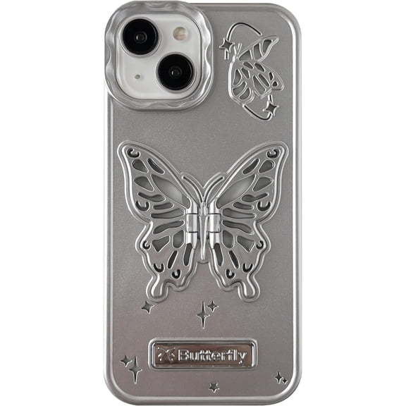 Chrome Plating Electroplated 3D Butterfly Compatible with iPhone Case (Clear Silver,iPhone 15 Pro Max)