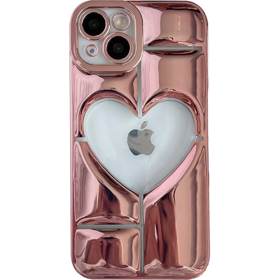 Chrome Plating Electroplated 3D Hollow Love Heart Soft Compatible with iPhone Case (Pink,iPhone 14 Pro)