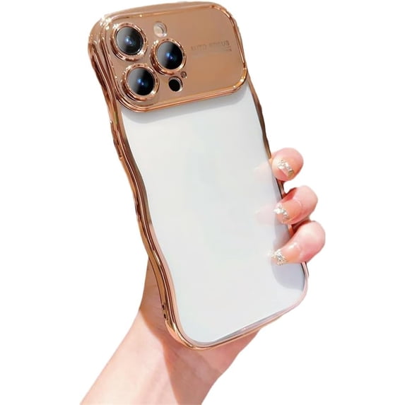 Chrome Plating Electroplated Curly Wave Frame Full Camera Lens Protection Compatible with iPhone Case (Gold,iPhone 14 Pro Max)