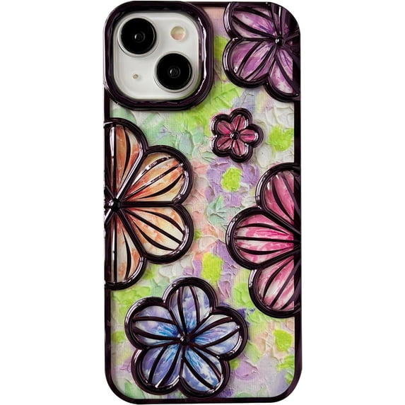 Chrome Plating Electroplated Glitter Bling Colorful Retro Oil Painting Flower Floral Print Compatible with iPhone Case (Purple,iPhone 13 Pro Max)