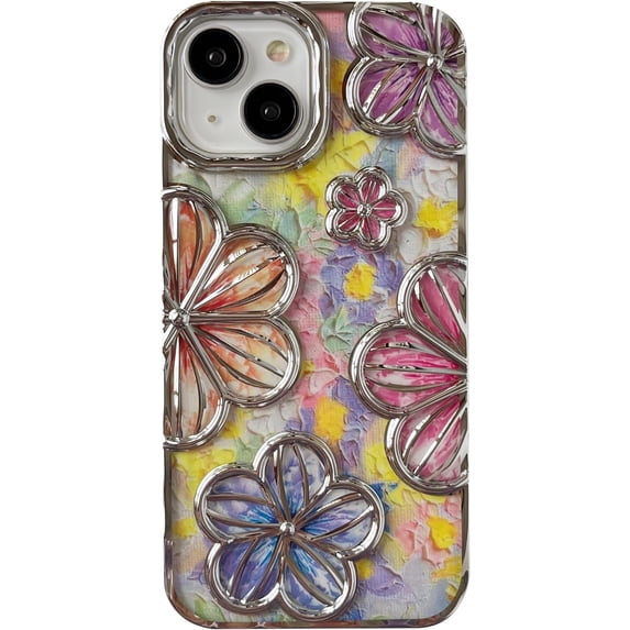 Chrome Plating Electroplated Glitter Bling Colorful Retro Oil Painting Flower Floral Print Compatible with iPhone Case (Silver,iPhone 12 Pro Max)