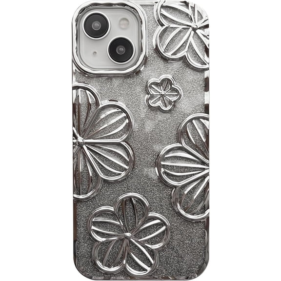 Chrome Plating Electroplated Glitter Bling Flower Floral Print Compatible with iPhone Case (Silver,iPhone 13)