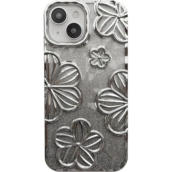 Chrome Plating Electroplated Glitter Bling Flower Floral Print Compatible with iPhone Case (Silver,iPhone 15 Pro)