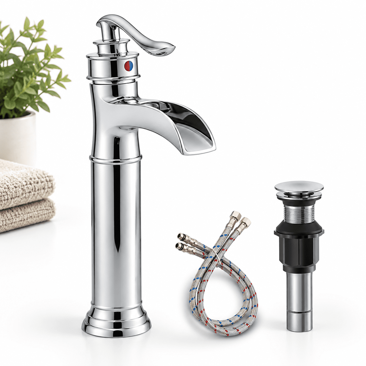 Chrome Polished Waterfall Spout Tall Body 1 Hole Vessel Sink Faucet ...