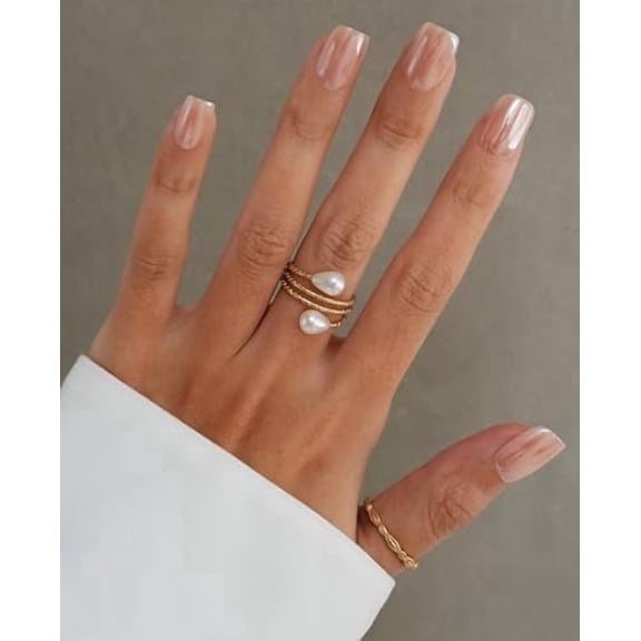 Chrome Press  Nails,Glossy Short Squoval  Nails,  Chrome Pinkish Press  Nails,  Stick   Nails with Glue | 16 Sizes - 32  Kit(03-Squoval Champagne)