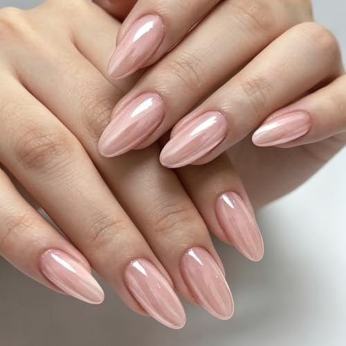 Chrome Press  Nails Medium Almond  Nails with Bling Glazed Designs, Salon Quality Shiny Full Cover Stick   Thick Press Ons with Full  Kit for Women Daily Wear 30 count