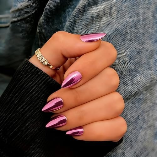 Chrome Press  Nails Short Almond, Metallic    Nails With Glue, Sparkly Glue  Nails Press ons,  Thick Stick   for Women Party, Glazed Mirror Effect, 30 count