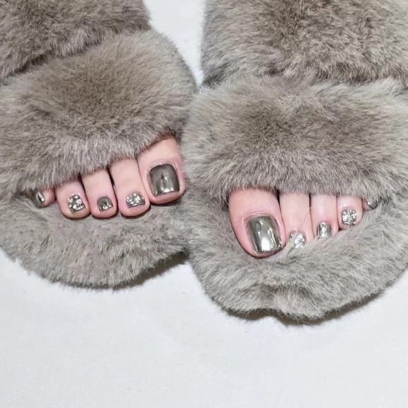 Chrome Press on Toenails Glossy Glue on Fake Toe Nails Metal Silver Acrylic Toe Fake Nails Rhinestone Stick on False Toenails with Design Full Cover Press-on ToeNails for Women 24pcs 13-JZJ03 0.04