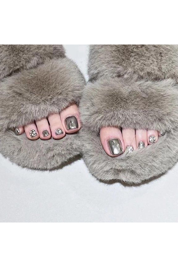 Chrome Press on Toenails Glossy Glue on Fake Toe Nails Metal Silver Acrylic Toe Fake Nails Rhinestone Stick on False Toenails with Design Full Cover Press-on ToeNails for Women 24pcs 13-JZJ03 0.04