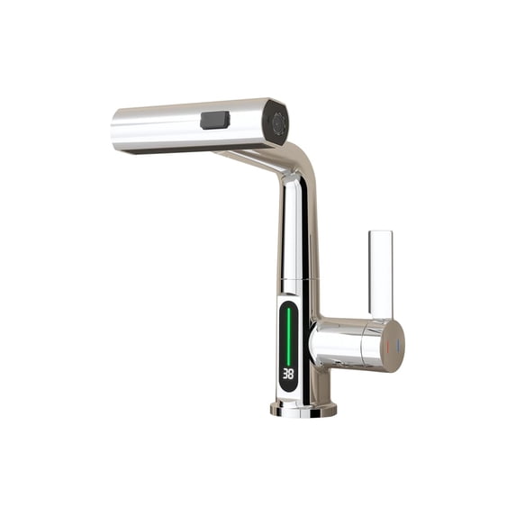 Chrome Pull-Out Lift LED Temperature Digital Display Bathroom Basin/Sink Faucet, Single Handle 360° Rotatable Waterfall 3-in-1 Basin Tap with Adjustable Height