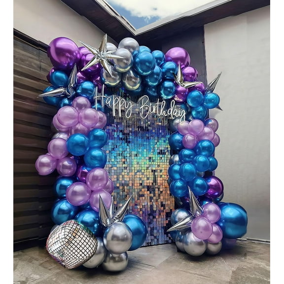 Chrome Purple and Blue Balloon Garland KKS1Arch Kit Double stuffed lilac Silver Metallic Balloons For 2025Graduation Galaxy Space Disco grad Video Game for Euphoria Party birthday decorations