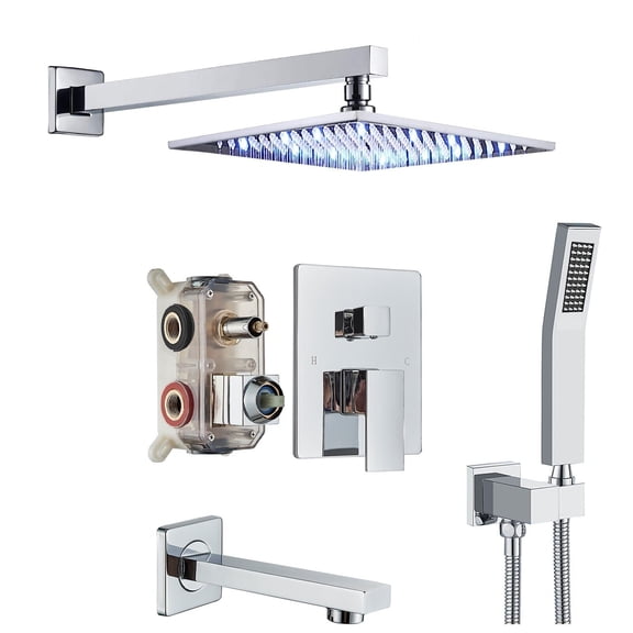 Chrome Rain Shower Faucet Set with Valve 12in LED Shower System Kit w/Tub Spout
