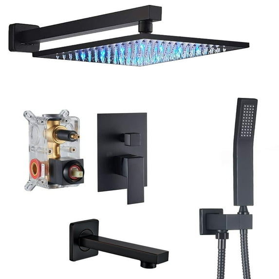 Black Shower Faucet Set 12" Rainfall Head Combo Kit Tub Filler with Mixer Valve