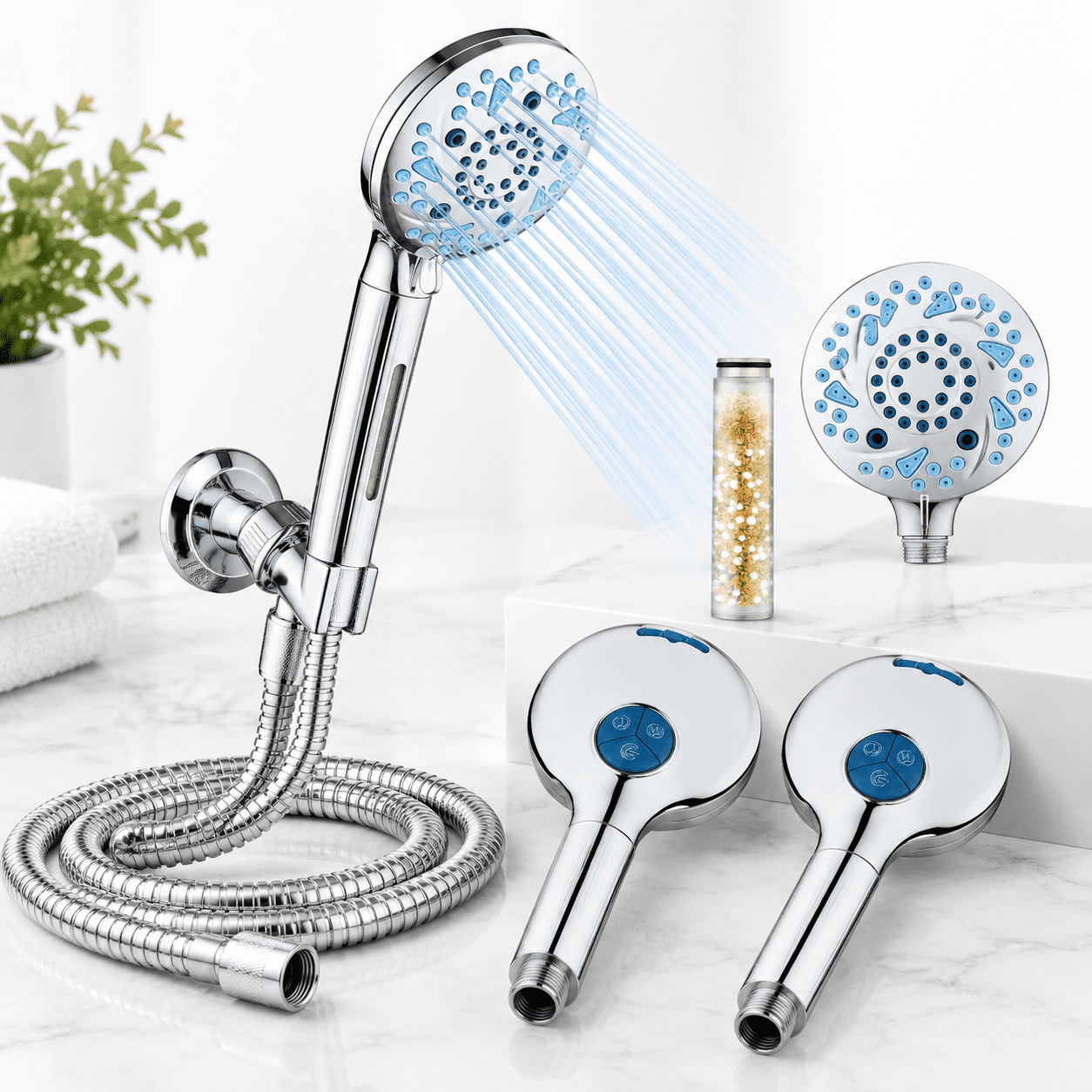 Chrome Round 10-Setting Filtered Handheld Showerhead with Power Wash ...