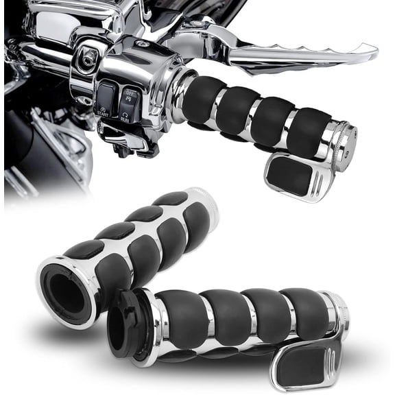 Chrome Rubber Hand Grips 1" Pair Universal Motorcycle Hand Grips with Black Non-Slip Rubber Universal Motorcycle Hand Grips