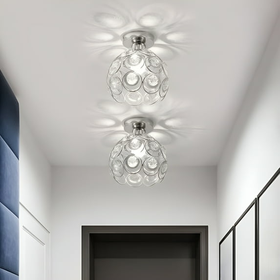 LOHASLED Chrome Semi Flush Mount Ceiling Light Fixture, Hollow Out Metal Crystal Chandelier Lamp, for Bathroom Fixture Foyer Ceiling Fixture Hallway Lighting Fixture