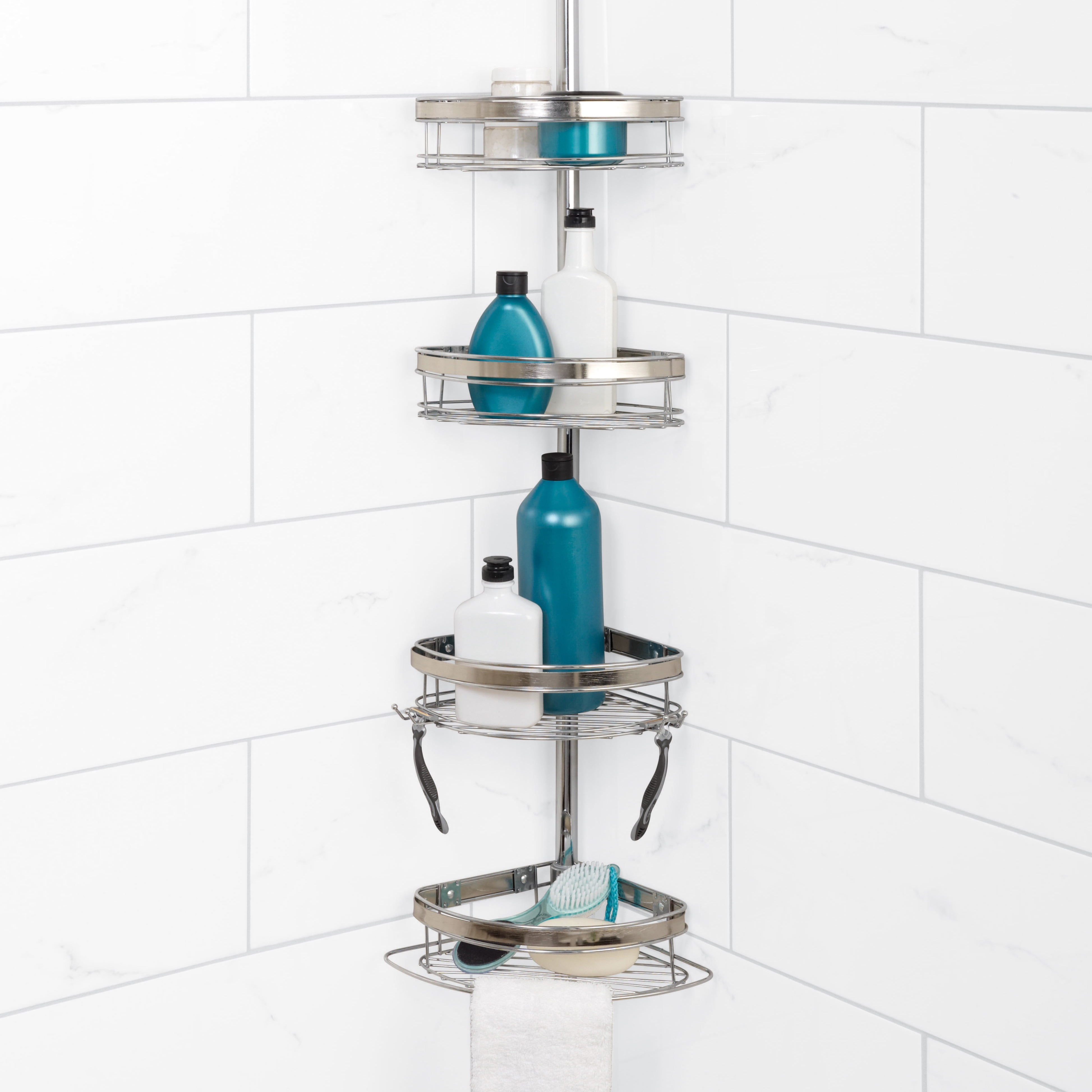 Chrome Shower Caddy with 4 Shelves, Zenna Home Tension Pole with