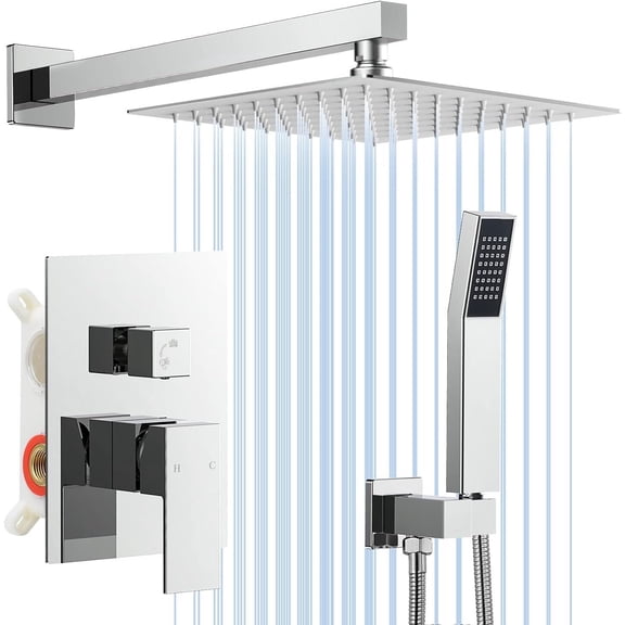 Chrome Shower Faucet Set 12" Rain Shower Head Combo Kit System with Mixer Valve