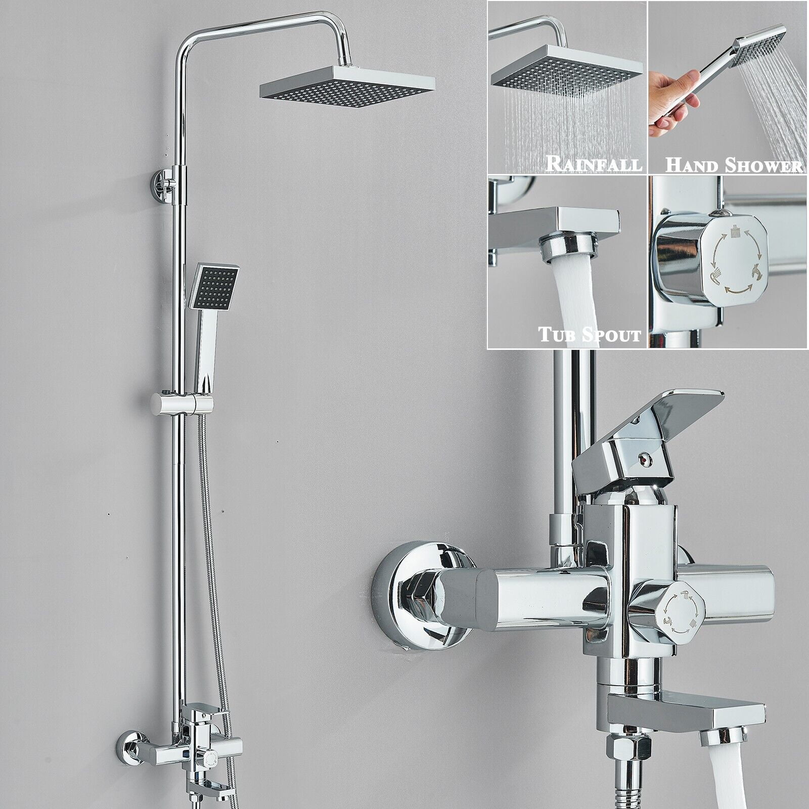 Chrome Shower Faucet System Exposed Rain Shower Fixtures set with Hand