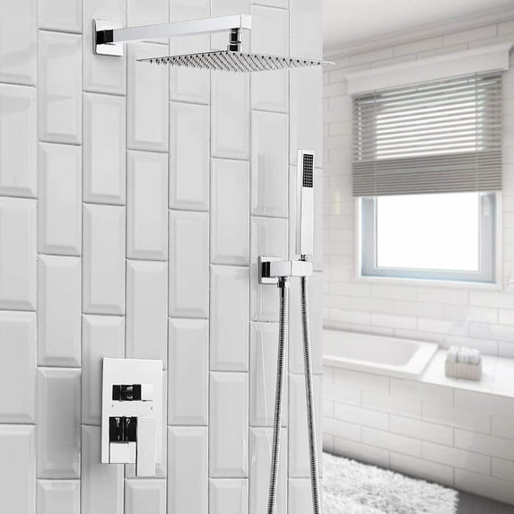 Chrome Shower Faucet System Set 8 inch Rainfall Shower Head Kit with Mixer Valve
