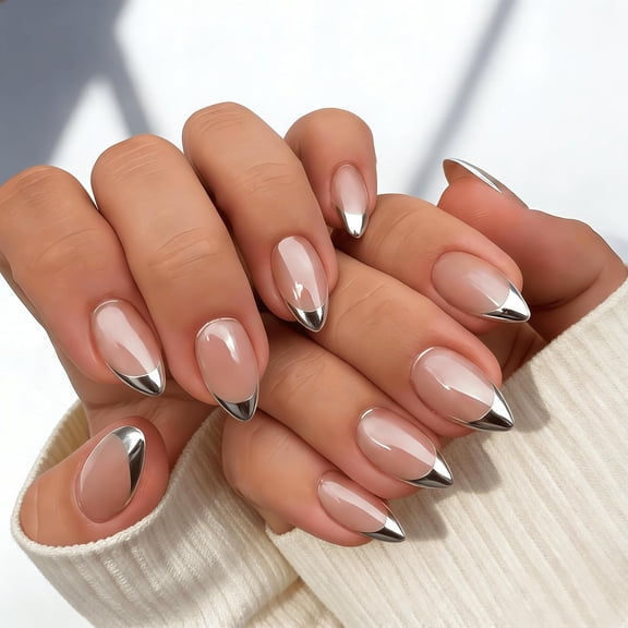 Chrome Silver French Tip Press on Nails Short Almond, Shiny Soft Gel Fake Nails with Glazed Sparkle Finish, 30 Pcs Glue on Nails Short Stiletto, Reusable Thick French Nail Set with Glue