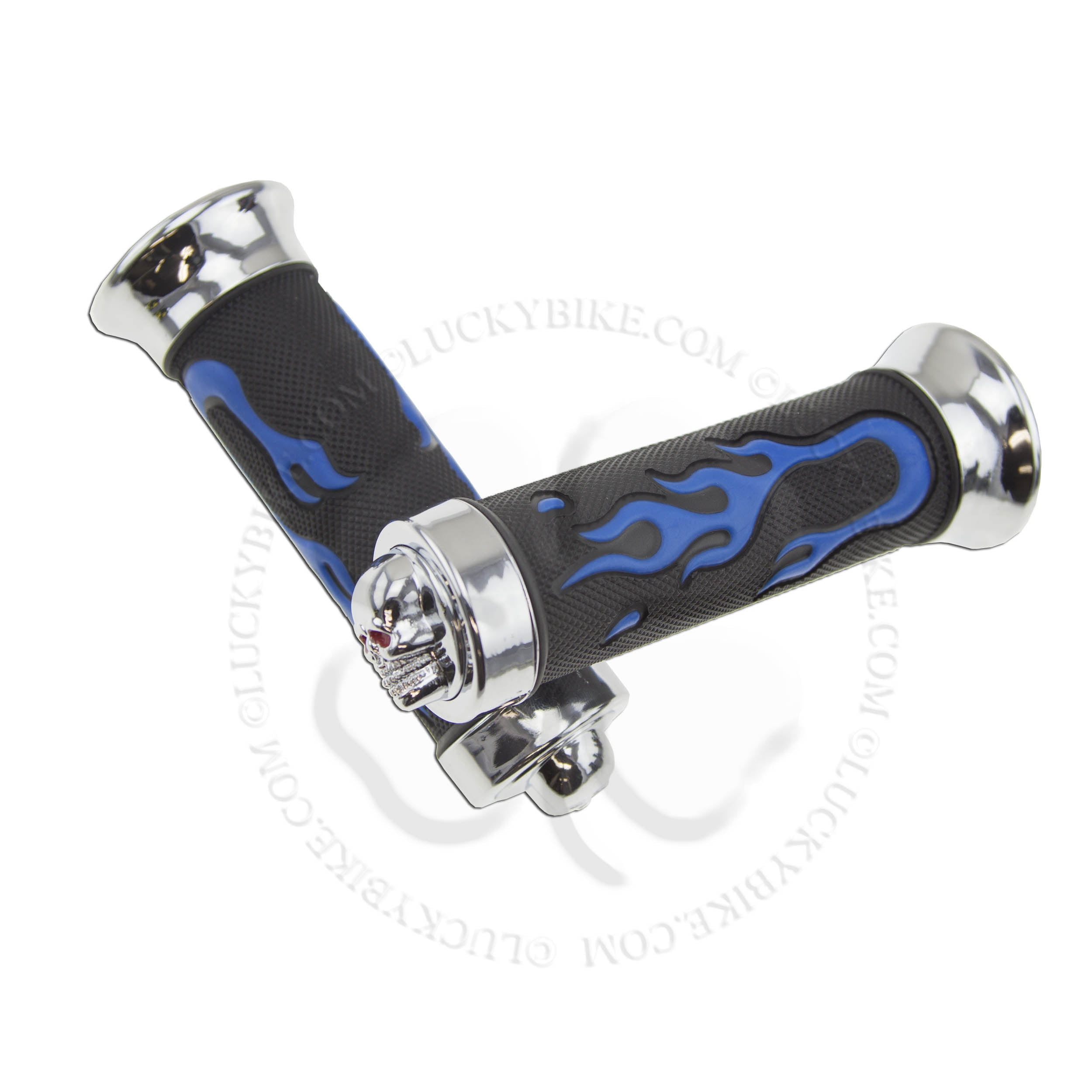 Chrome Skull Blue Flame Hand Grips 7/8