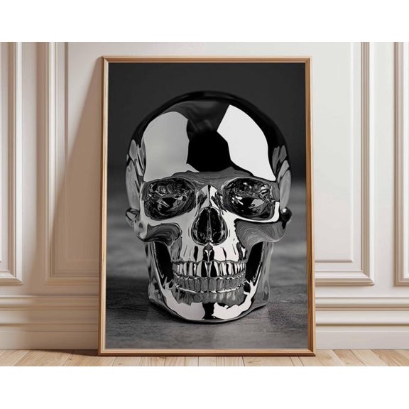 Chrome Skull Modern Gothic Black Silver Skull Contemporary Dark Wall Art Print, Unframed Paper Poster 8x10in