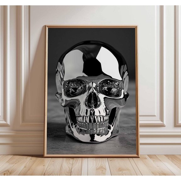 Chrome Skull Modern Gothic Black and Silver Contemporary Dark Art Print, Unframed Paper Poster 8x10in