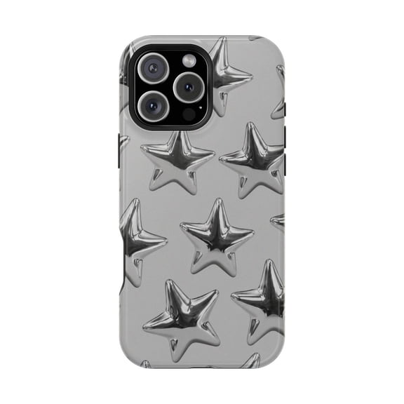 Chrome Star Magnetic Tough Phone Case, Metallic Y2K Dual Layer Cover with Built-In Magnetic Ring Compatible with iPhone 17
