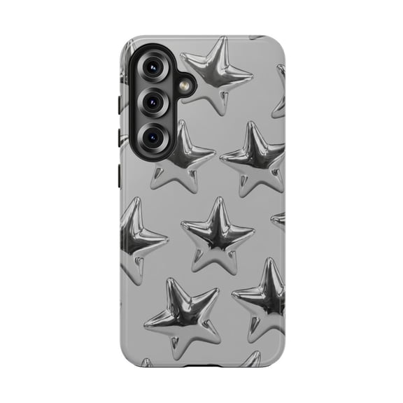 Chrome Star Tough Phone Case, Metallic Y2K Star Dual Layer Protective Cover Compatible with Samsung Galaxy S23