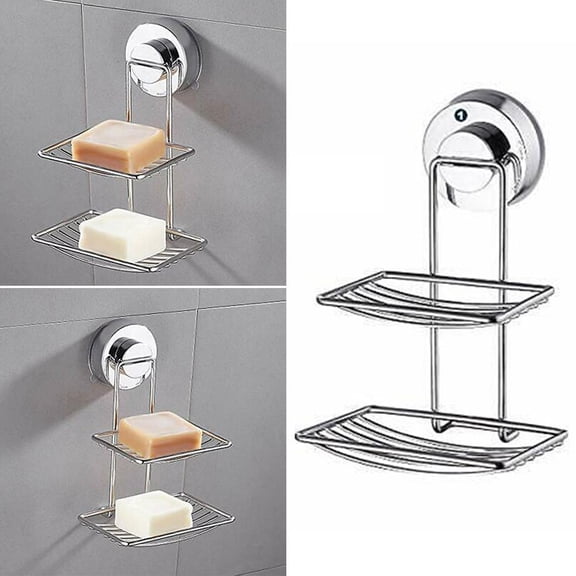 Chrome Steel Suction Double Soap Dish Holder Tray Rack Bathroom Shower