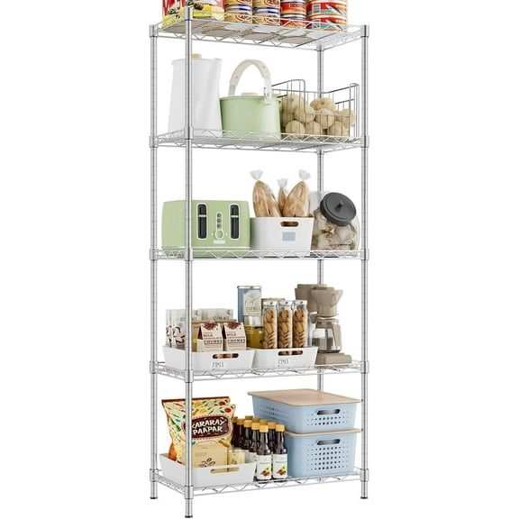 Chrome Storage Shelves, 5-tier Adjustable Metal Utility Shelf,Garage Shelves,Home Storage Rack for Kitchen, Laundry, Pantry and Closet