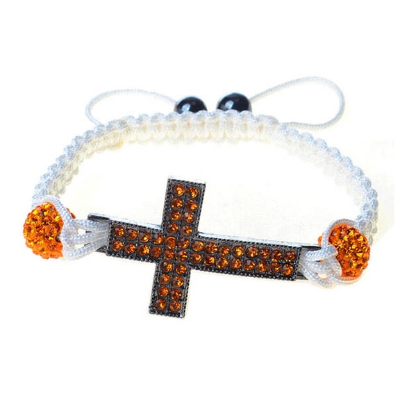 Chrome Tone Cross Orangle CZ White Cord Macrame Beaded Adjustable Bracelet