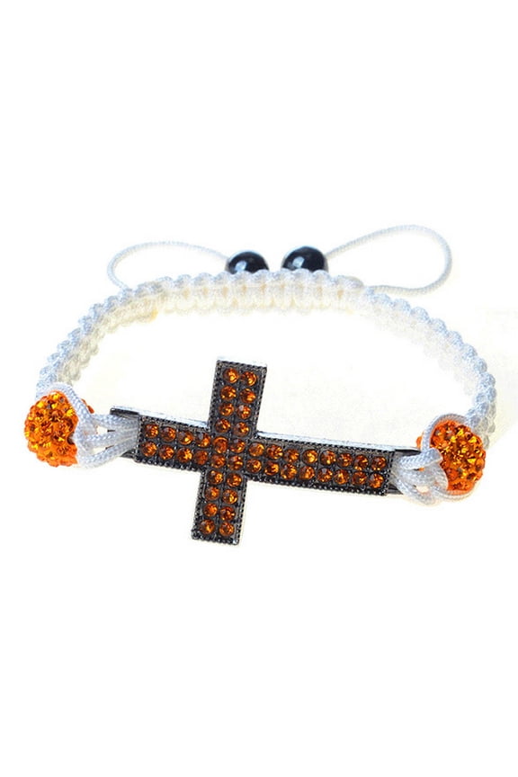Chrome Tone Cross Orangle CZ White Cord Macrame Beaded Adjustable Bracelet