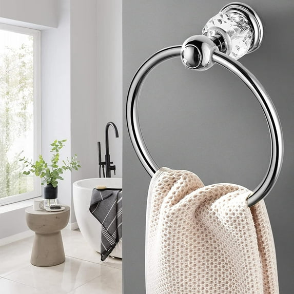 Chrome Towel Ring, Bath Hand Towel Holder Crystal, Silver Towel Rack Wall Mounted