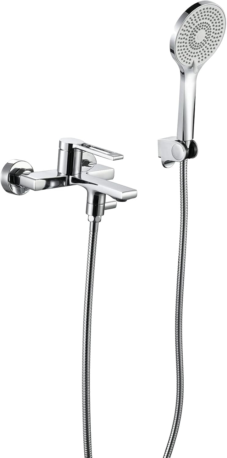 Chrome Tub Filler Faucet with Handheld Shower Head, Modern Brass Wall-Mount Bath Tub Filler Faucet High Flow Bathtub Faucet with Shower Diverter