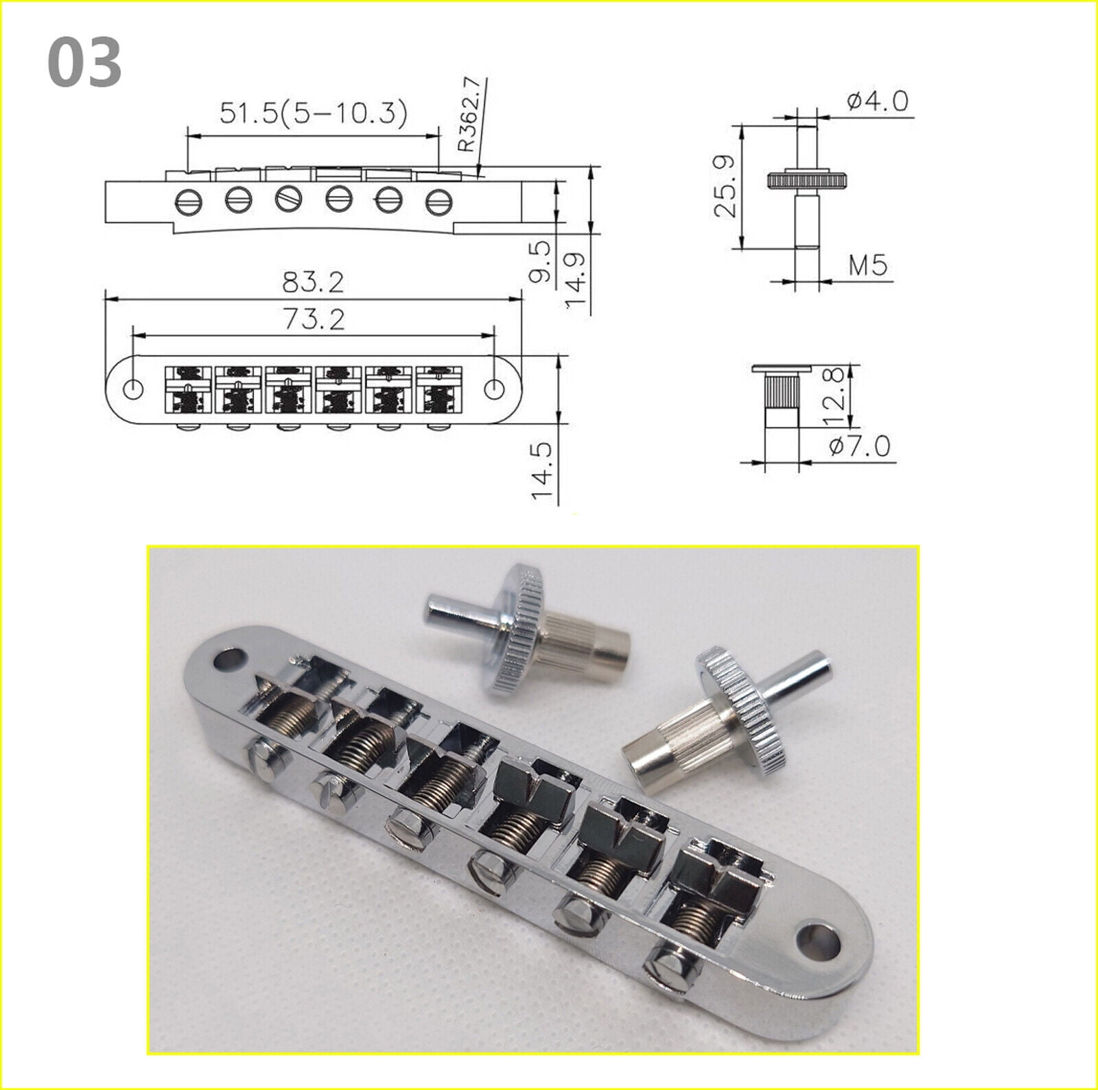 Chrome Tune-O-Matic ABR-1 JB Guitar Bridge for LP, SG, Fly V Electric Guitars Replacement Parts